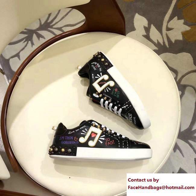 Dolce  &  Gabbana Leather Sneakers Printed And Applique Black 2017